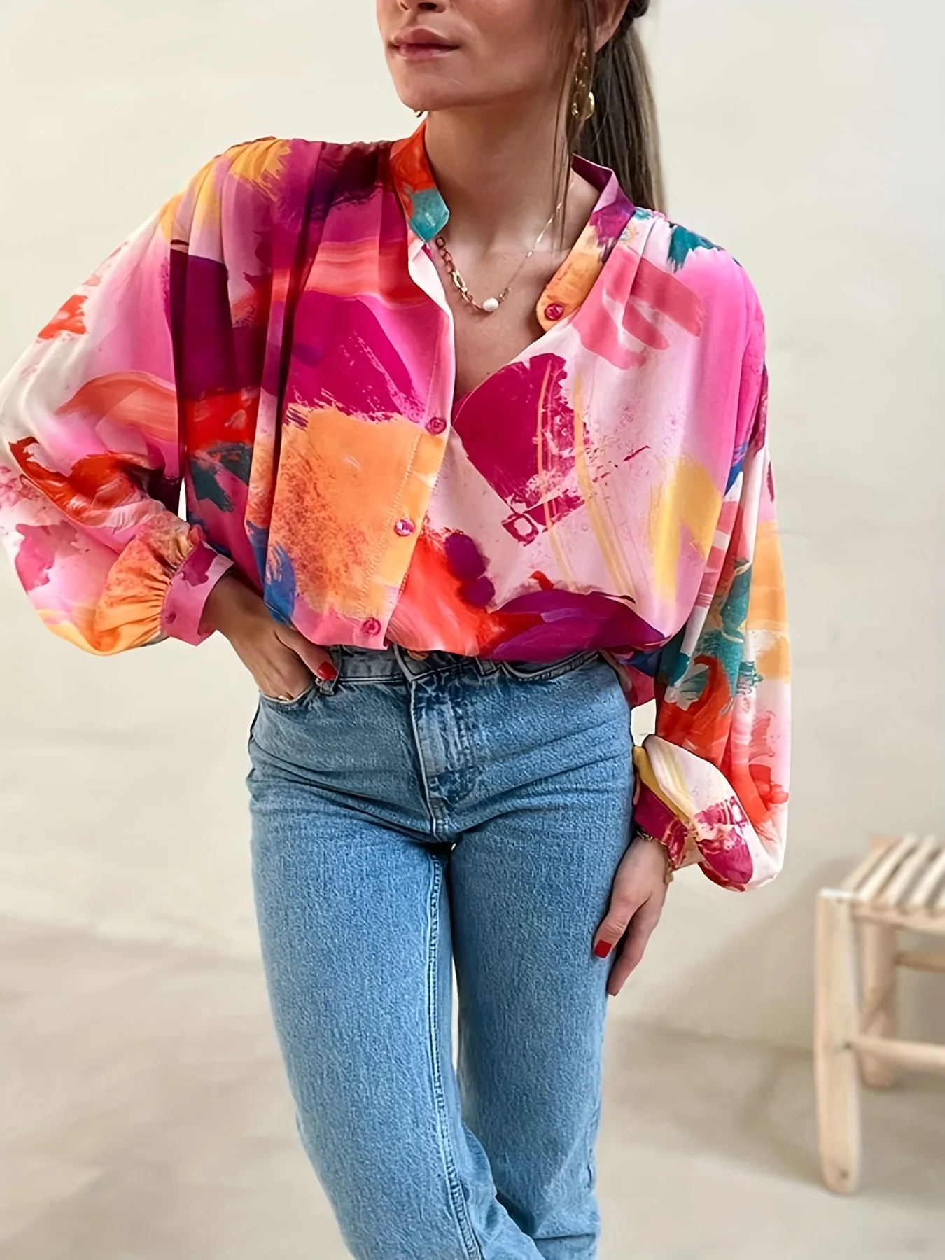 Plus Size Casual Blouse, Women's Plus Colorblock Random Print Button Up Lantern Sleeve V Neck Blouse - Deanwangkt