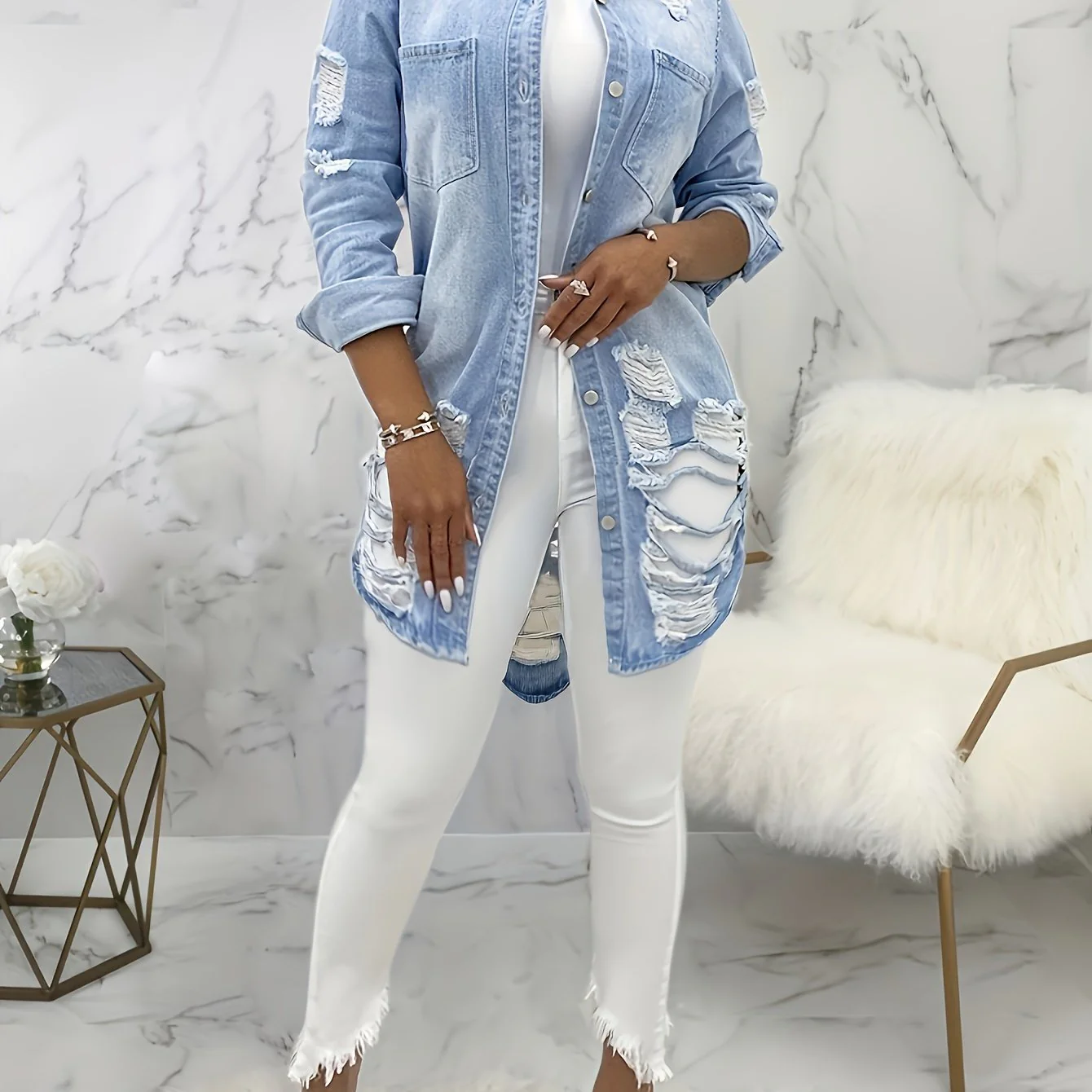 Long Sleeve Destroyed Butt Cover Denim Shirt, Ripped Fabrics Patch Pockets Button Closure Solid Color Shirt, Women's Denim & Clothing - Deanwangkt