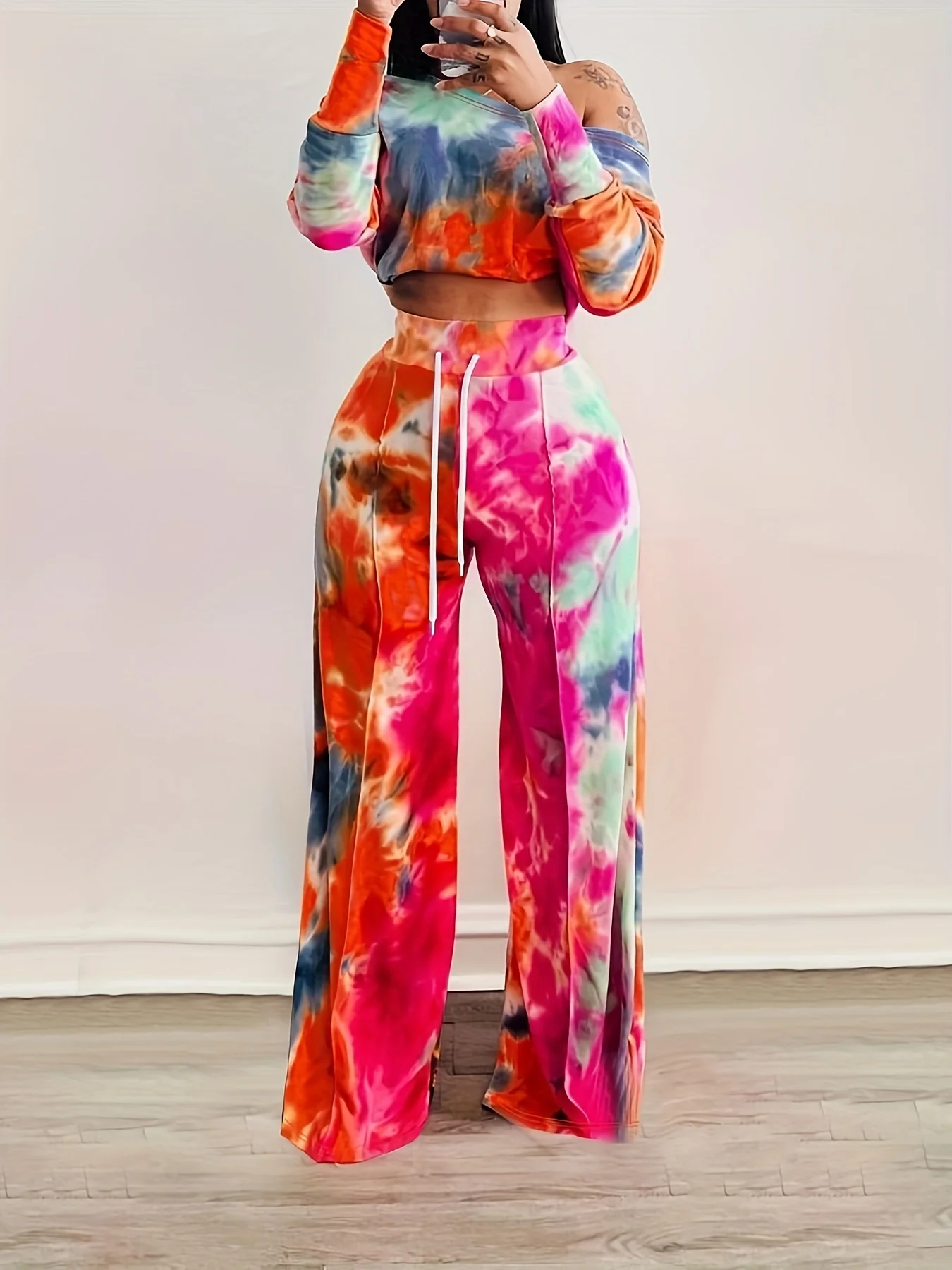 Casual Tie Dye Two-piece Set, Long Sleeve Crop Top & Drawstring Wide Leg Pants Outfits, Women's Clothing - Deanwangkt