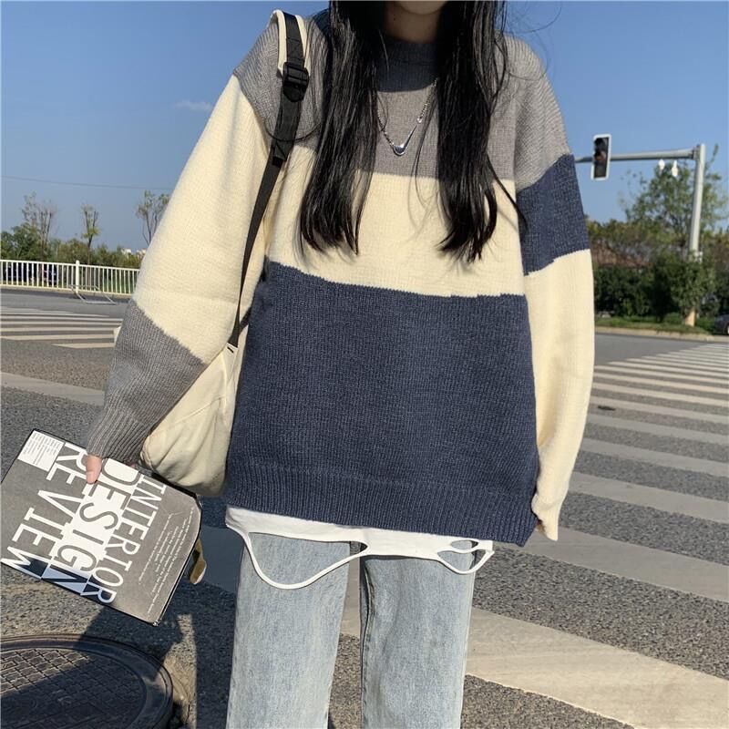 deanwangkt Autumn winter new striped sweaters for men women student Korean loose high street Grunge vintage color matching gothic jerseys - Deanwangkt
