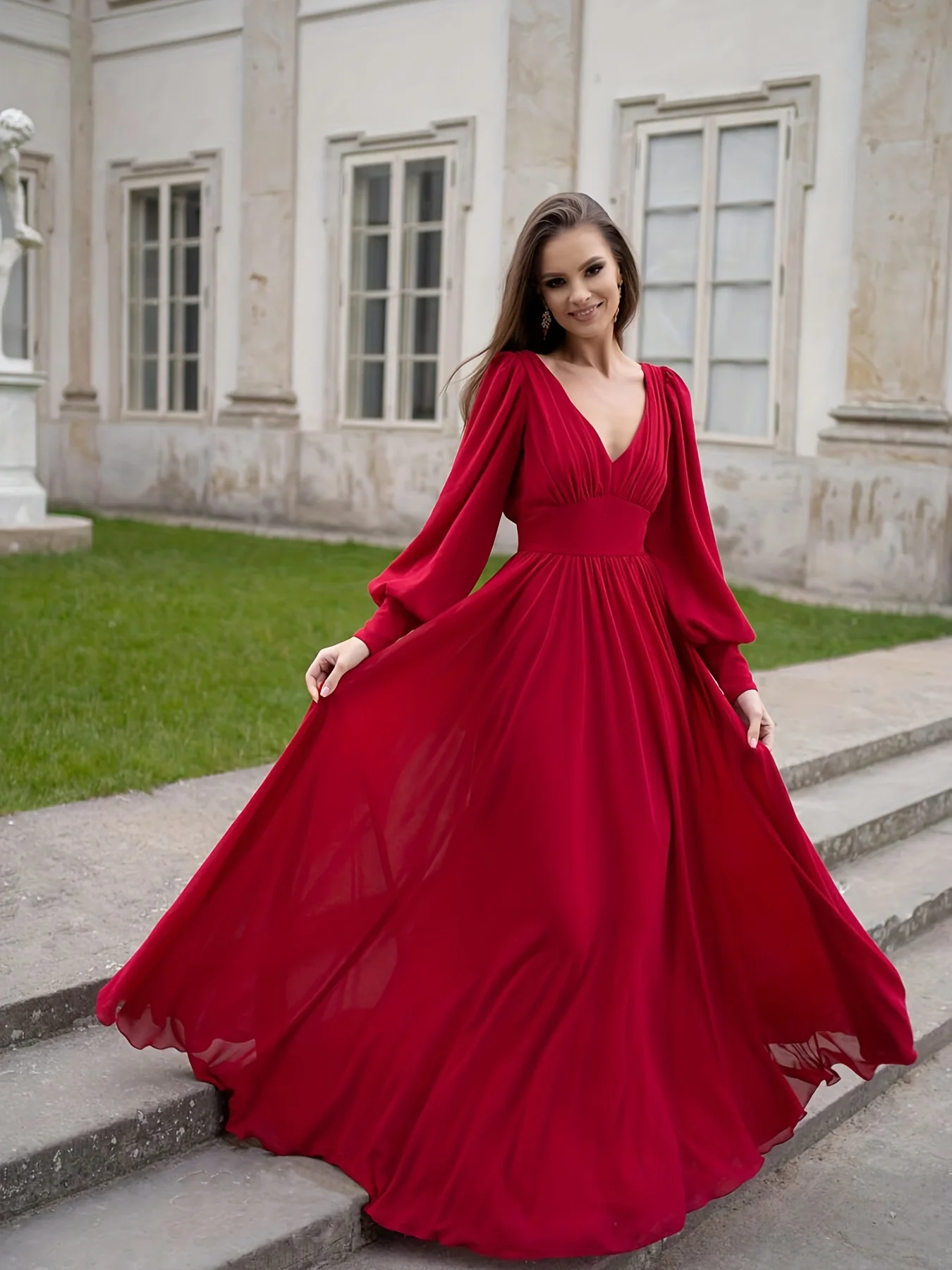 Ruched Plunging Solid Dress, Party Wear Long Sleeve Maxi Dress, Women's Clothing - Deanwangkt