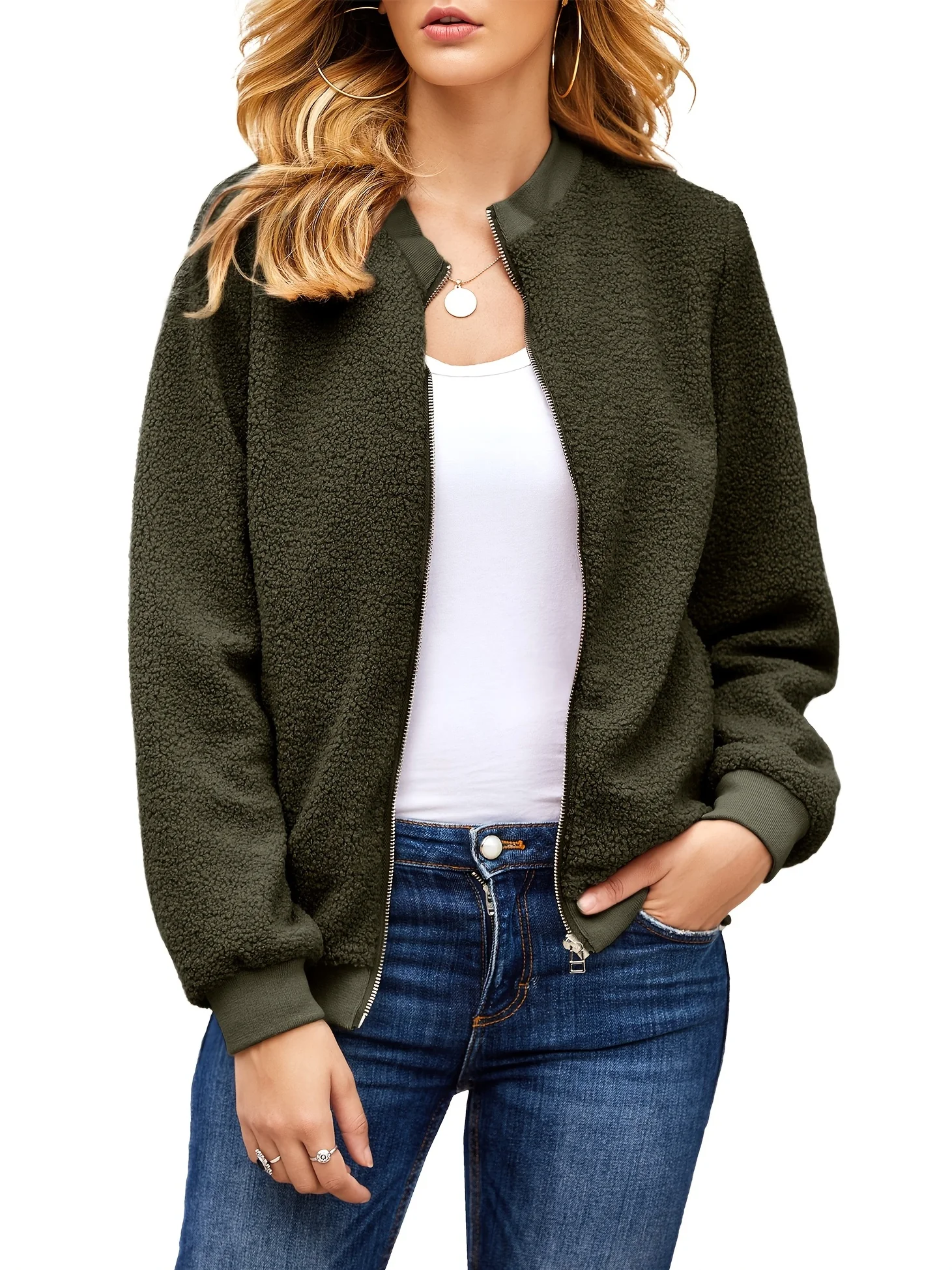 deanwangkt-1  Zip Up Fuzzy Jacket, Casual Long Sleeve Solid Versatile Outerwear, Women's Clothing - Deanwangkt