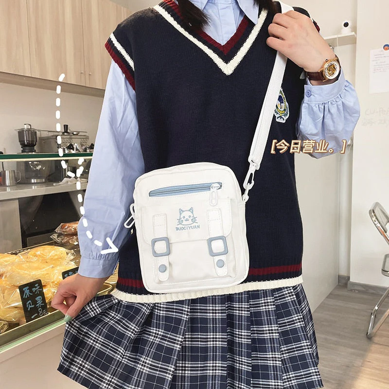 deanwangkt  Japanese Kawaii Bag Girls Small Crossbody Bags For Women Cat Embroidery Nylon Bag Mini Shoulder Bag Mobile Phone Bag Purses - Deanwangkt