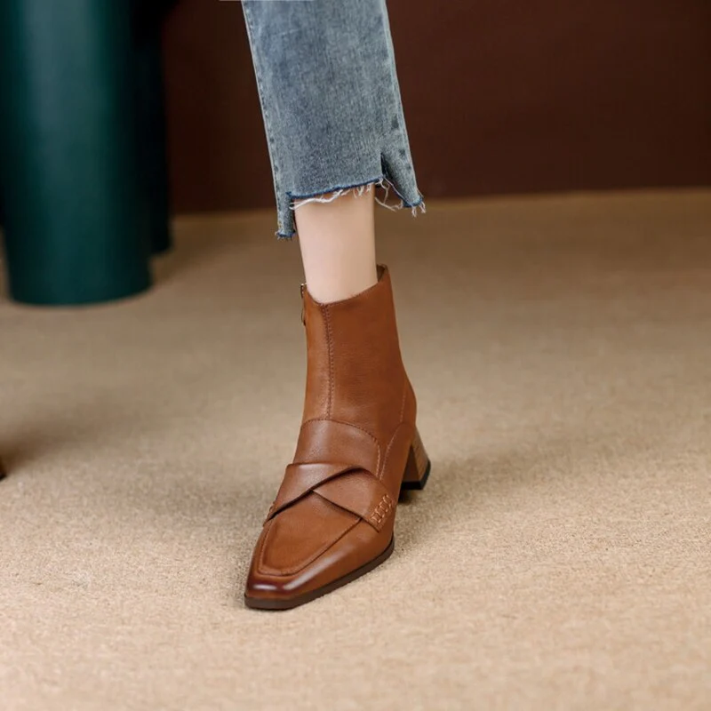 deanwangkt  fashion inspo   NEW Autumn Shoes Women Square Toe High Heels Geunine Leather Boots Chunky Heel Ankle Boots for Women Mature Pleated Modern Boots - Deanwangkt