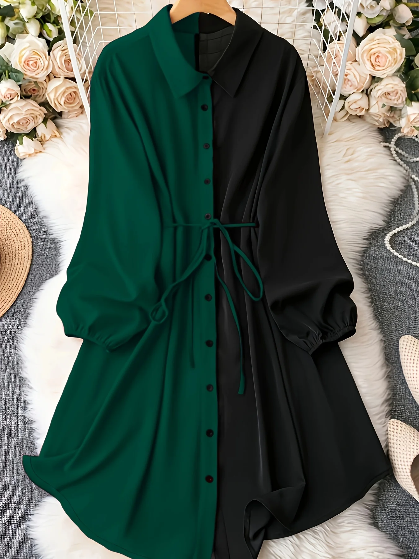 Plus Size Casual Blouse, Women's Plus Colorblock Long Sleeve Button Up Lapel Collar Shirt Longline Top With Belt - Deanwangkt