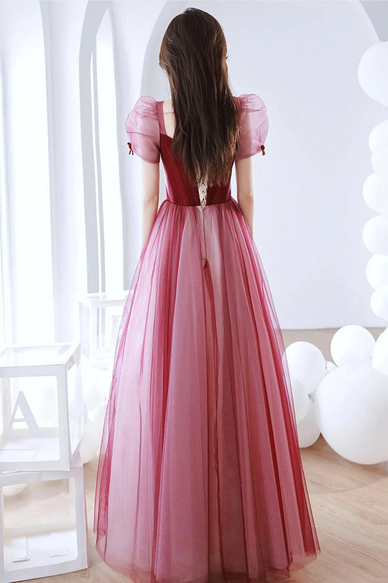 solvbao Burgundy Tulle Long Prom Dress, A-Line Short Sleeves Evening Dress - Deanwangkt