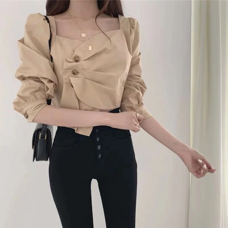 deanwangkt  New Spring White Shirt Women Blouses Long Sleeve Side Single-breasted Sweet Korean Style OL Sexy Lady Crop Tops - Deanwangkt