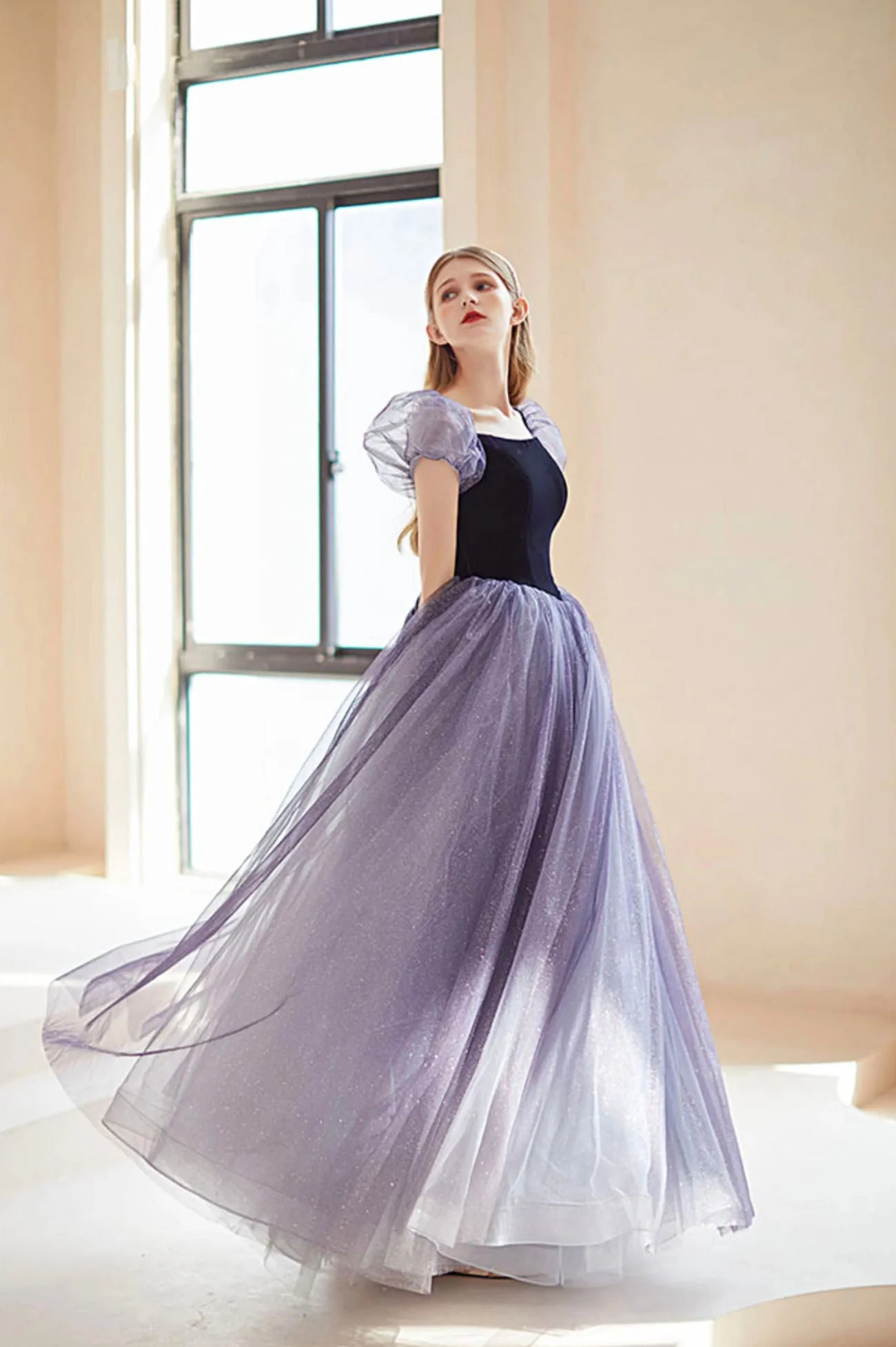 solvbao Purple Velvet Tulle Long Prom Dresses, Cute A-Line Evening Dresses - Deanwangkt