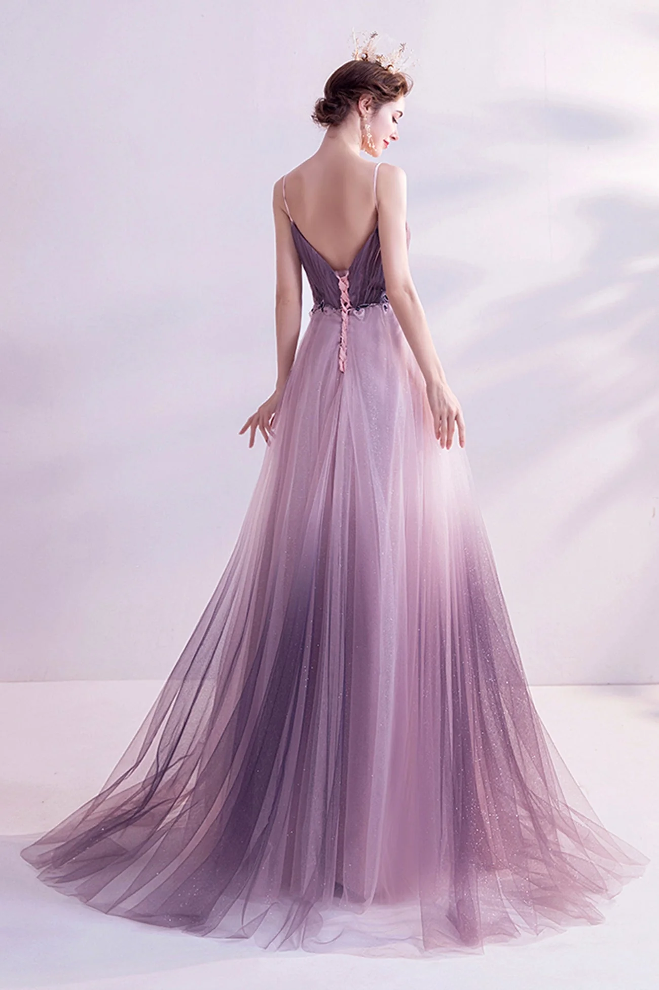 solvbao Purple Tulle Sequins Long Prom Dresses, A-Line Evening Dresses - Deanwangkt