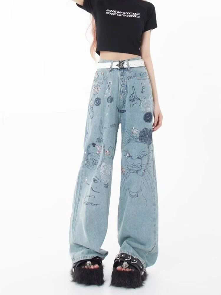 deanwangkt Spring and Autumn Season New Small Market Design Sense Print Graffiti Straight Barrel Personalized Jeans Women's Jeans - Deanwangkt