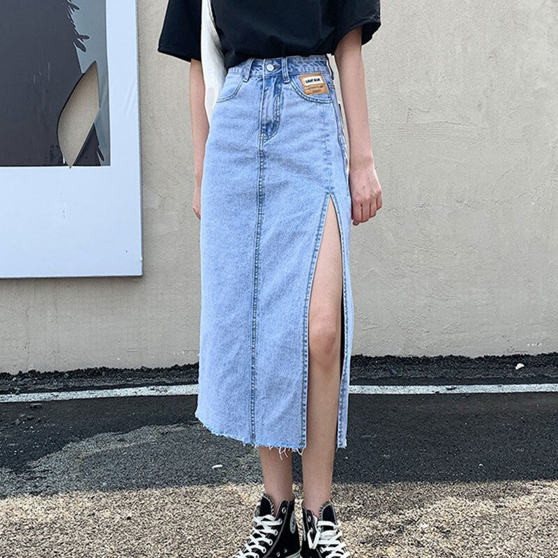 deanwangkt Hem Single Slits Zipper A-Line High Waist Side Slit Denim Casual Long Skirt Female Summer  New Thin Girl Bag Hip Ins Tide - Deanwangkt
