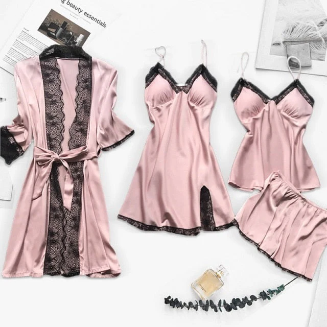 deanwangkt Long sleeve Womens Pajamas Sexy Lace Lingerie Nightwear Underwear Sleepwear 3PC Suit Pajama Sets For Women Pijama Mujer - Deanwangkt