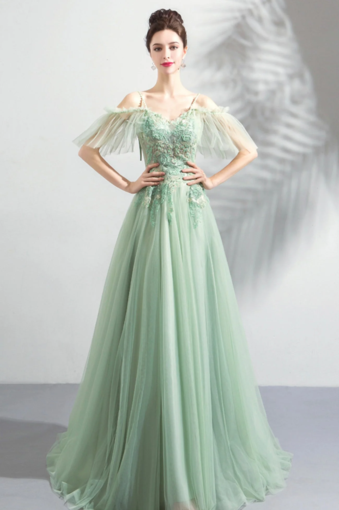 solvbao Green Lace Floor Length Prom Dresses, A-Line Off the Shoulder Evening Dresses - Deanwangkt