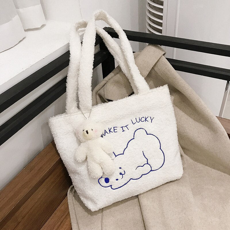 deanwangkt  Women's Bag New Plush Tote Bag For Women  Cartoon Embroidery Handbag Women Shoulder Bag Shopper Bag Winter Bags Bolsa Mujer - Deanwangkt