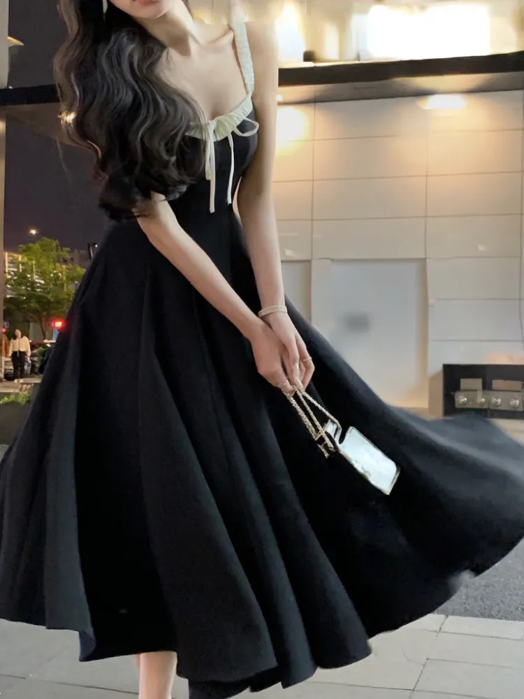 Joskka French Floral Strap Midi Dress Woman Elegant Sleeveless Even Party Dress Office Lady  Summer Beach Casual Korean Style Dress - Deanwangkt