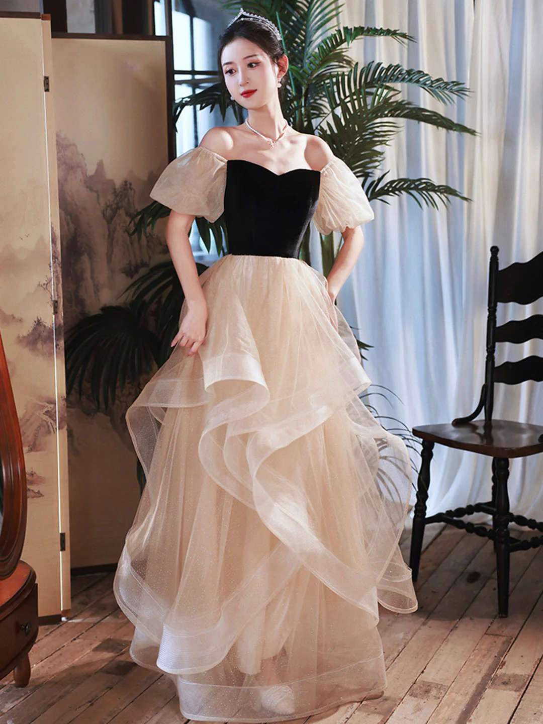 solvbao Cute Velevt Tulle Long Prom Dress, Lovely Off Shoulder Evening Dress - Deanwangkt