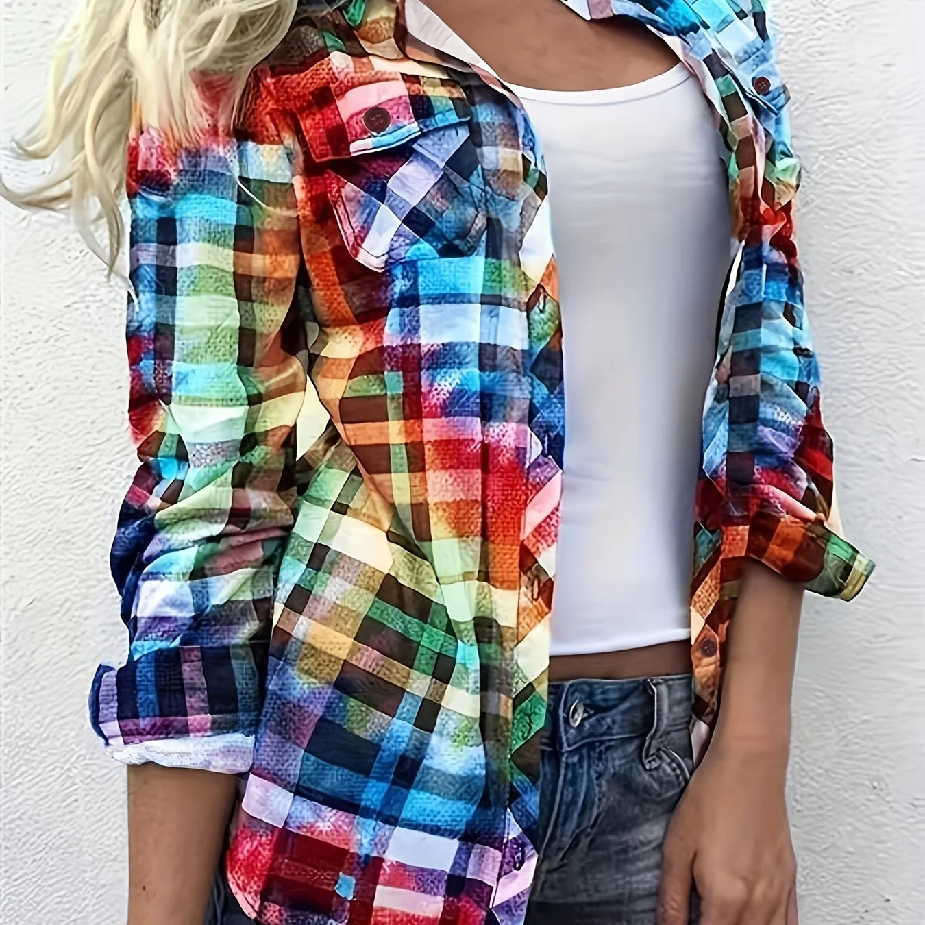 Colorful Plaid Print Shirt, Casual Long Sleeve Button Front Shirt With A Collar, Women's Clothing - Deanwangkt