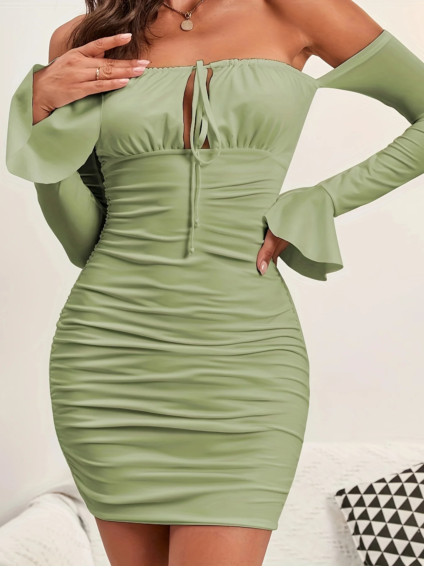 deanwangkt-1  Ruched Off Shoulder Dress, Sexy Flared Sleeve Tie Front Bag Hip Dress, Women's Clothing - Deanwangkt