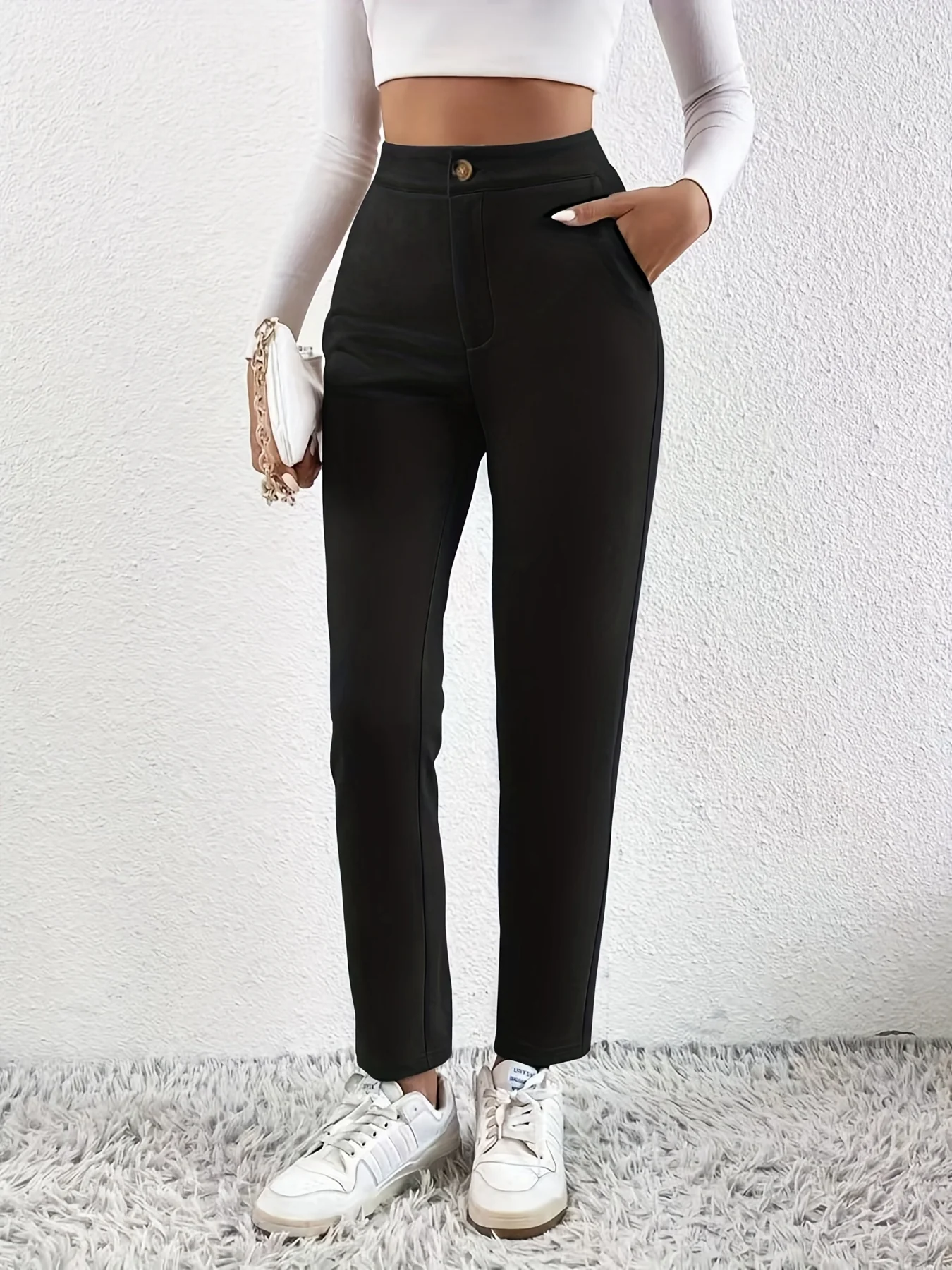 deanwangkt-1  Solid High Waist Pants, Casual Versatile Long Length Work Office Pants, Women's Clothing - Deanwangkt