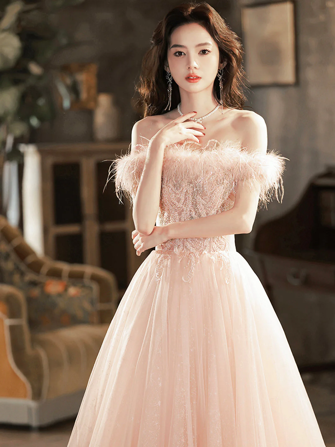 solvbao Pink Tulle Lace Long Prom Dress with Feathers, Off Shoulder Pink Evening Dress - Deanwangkt