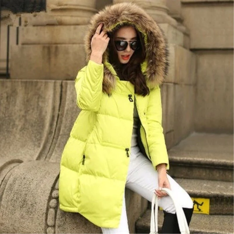 deanwangkt Women Parkas Long Thick Warm Jacket Hooded Fur Zipper Yellow Elegant Ladies Coats Solid Female clothing Parka Femme - Deanwangkt