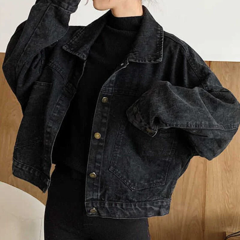 deanwangkt Denim Jackets Women Short Coats Oversized Single Breasted Button Pockets Tops Korean Style Chic Retro Harajuku Casual Streetwear - Deanwangkt