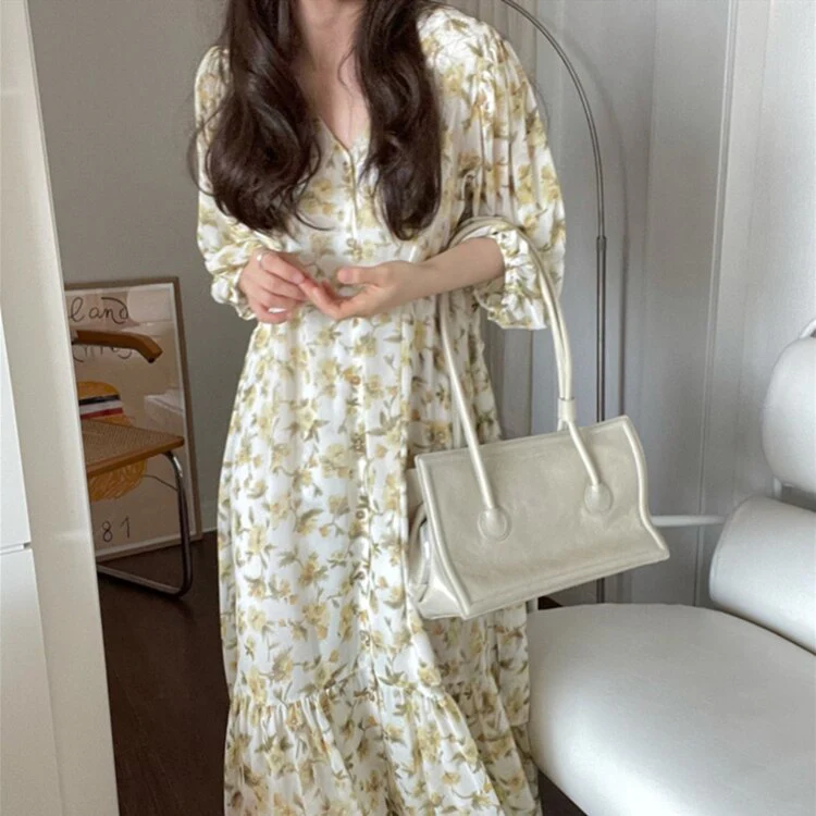 Joskka  New Women Summer Autunm Dresses Printed Floral High Waist Chiffon Lace Up Vintage Korean Elegant Lady Long Dresses - Deanwangkt