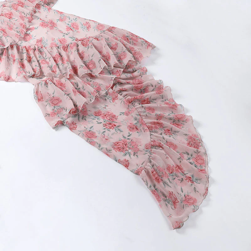 deanwangkt  Irregular Ruffled Breast Wrap Strap Dress Women's  Spring Summer Midi Flower Halterneck  Boho Dress Beach Dress Sundress  Fairy Dress - Deanwangkt