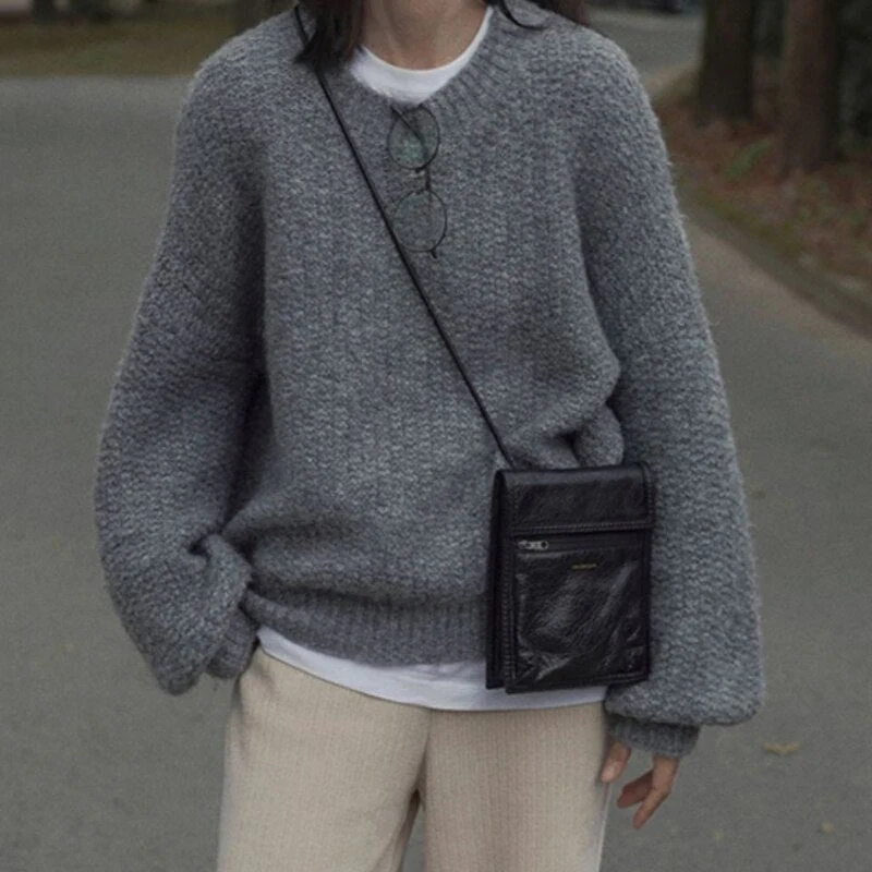 deanwangkt Winter New Clothes Grey Cashmere Sweater Women Autumn Loose Retro Sweater Pullovers French Solid Knit Sweater Fashion Tops - Deanwangkt