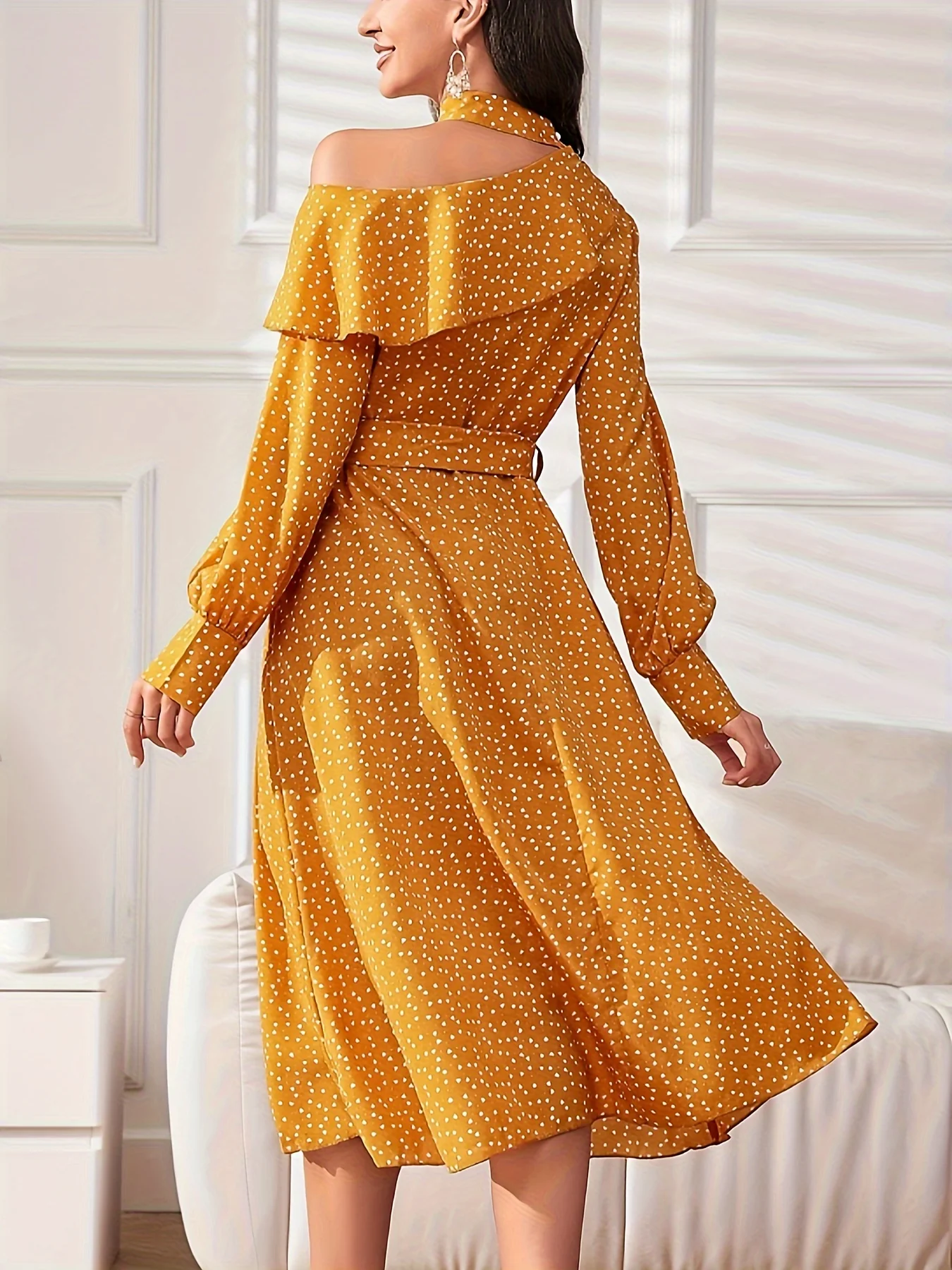 All Over Print One Shoulder Dress, Elegant Long Sleeve Belted Dress, Women's Clothing - Deanwangkt