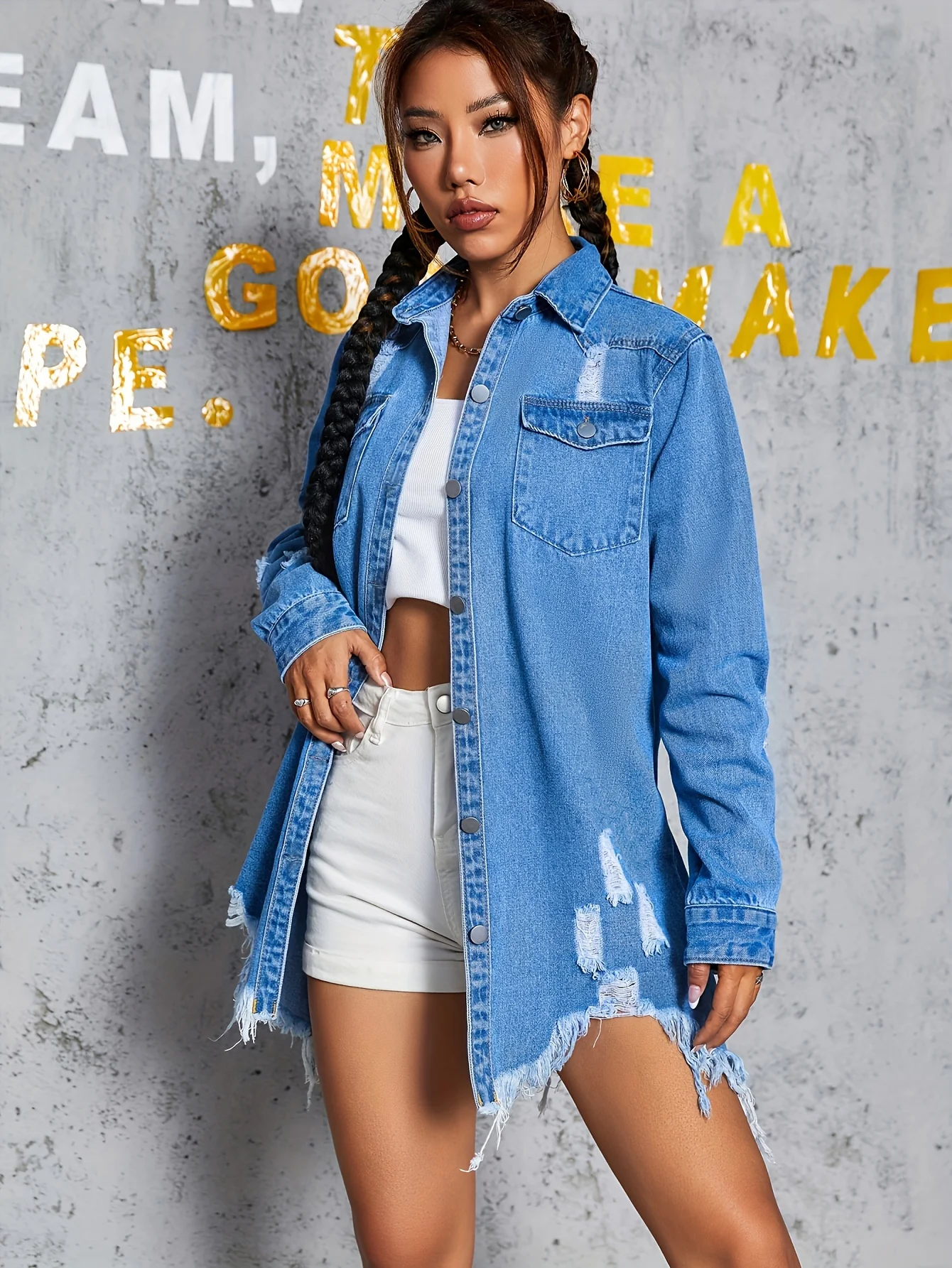 deanwangkt-1  Blue Ripped Holes Denim Jackets, Frayed Hem Long Sleeves Non-Stretch Casual Denim Coats, Women's Denim Clothing - Deanwangkt
