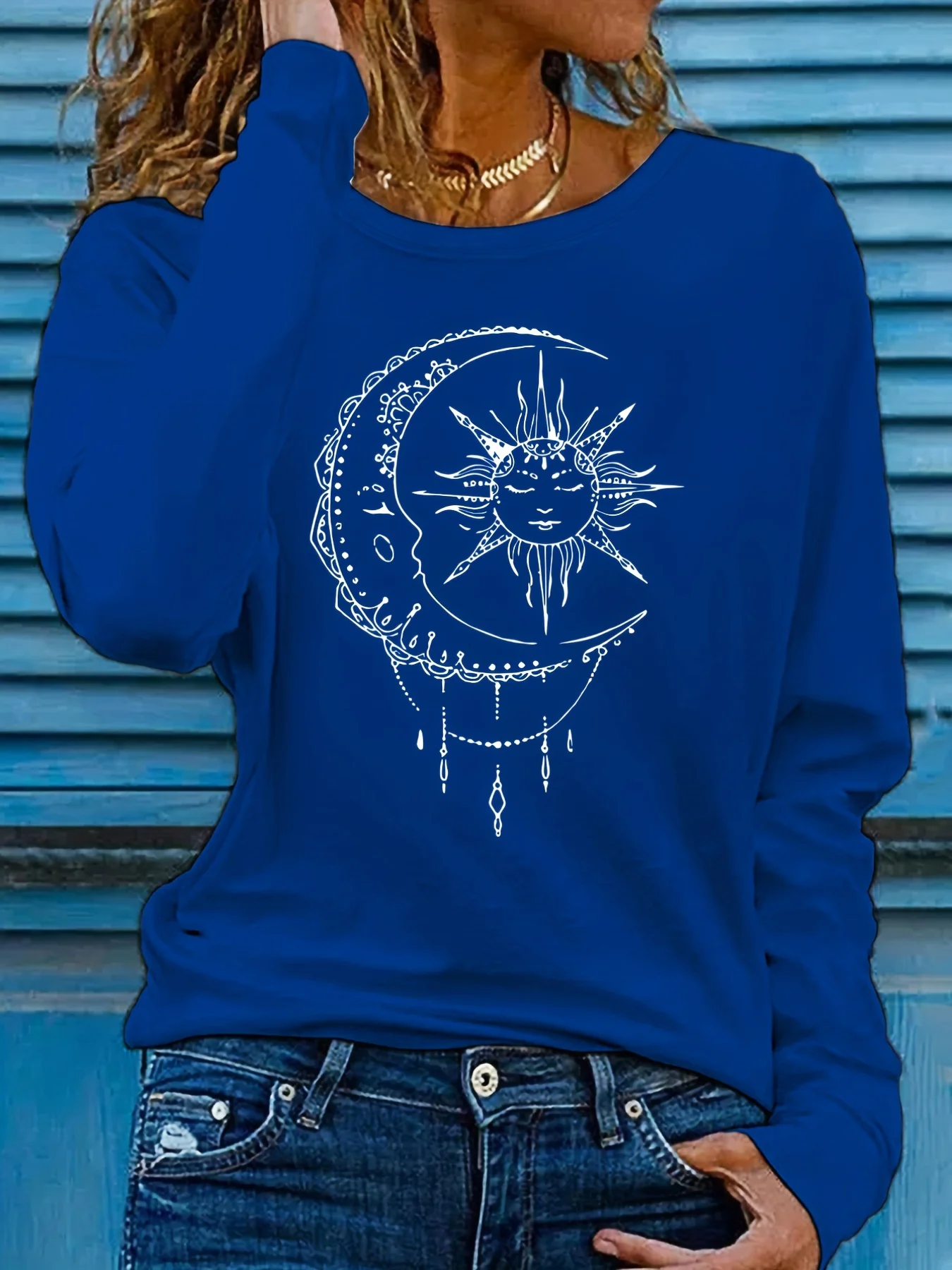 deanwangkt  Sun & Moon Print Crew Neck T-shirt, Casual Long Sleeve T-shirt, Women's Clothing - Deanwangkt