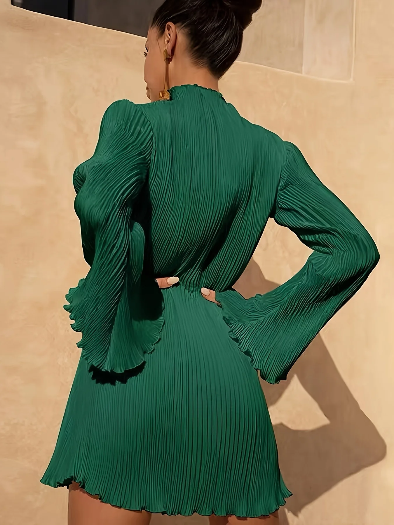 Lettuce Trim Textured Dress, Elegant Solid Flared Sleeve Dress, Women's Clothing - Deanwangkt