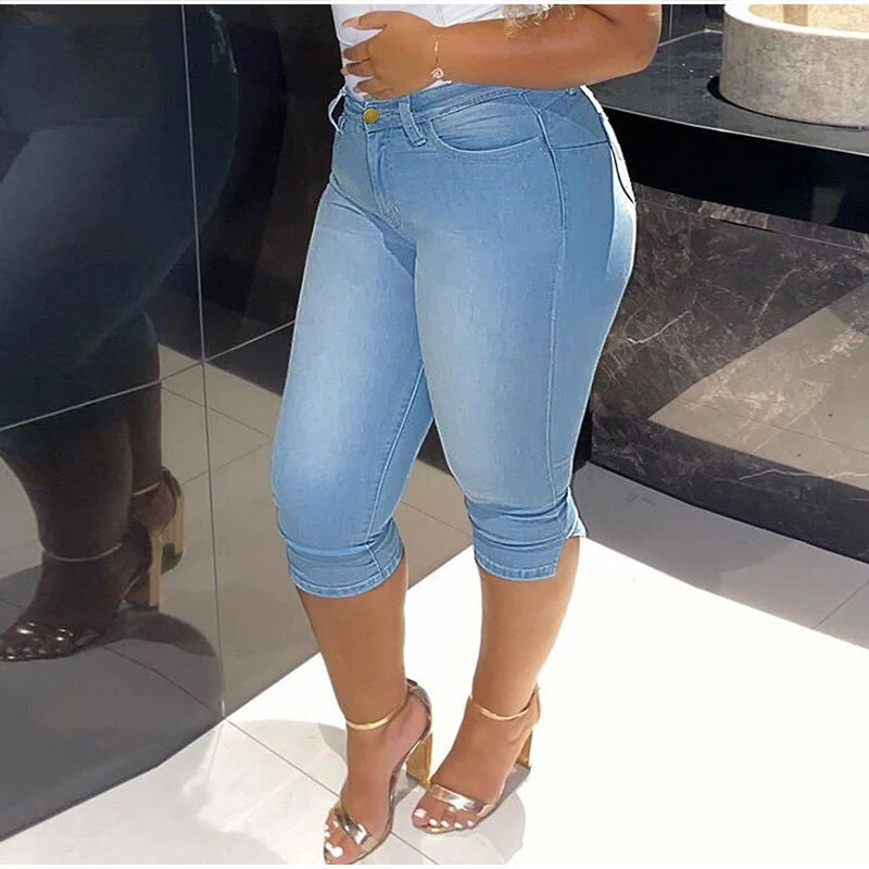 DEANWANGKT  Vintage Mid Blue Stretchy Skinny Knee Length Distressed Mom Jeans Breeches Denim Jeggings Pants 3/4 Short Leggings Capris Jean - Deanwangkt