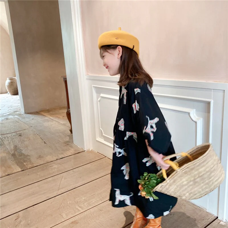 deanwangkt  Spring autumn kids colorful pony printing oversized long dress for girls cotton loose puff sleeve high quality dresses - Deanwangkt