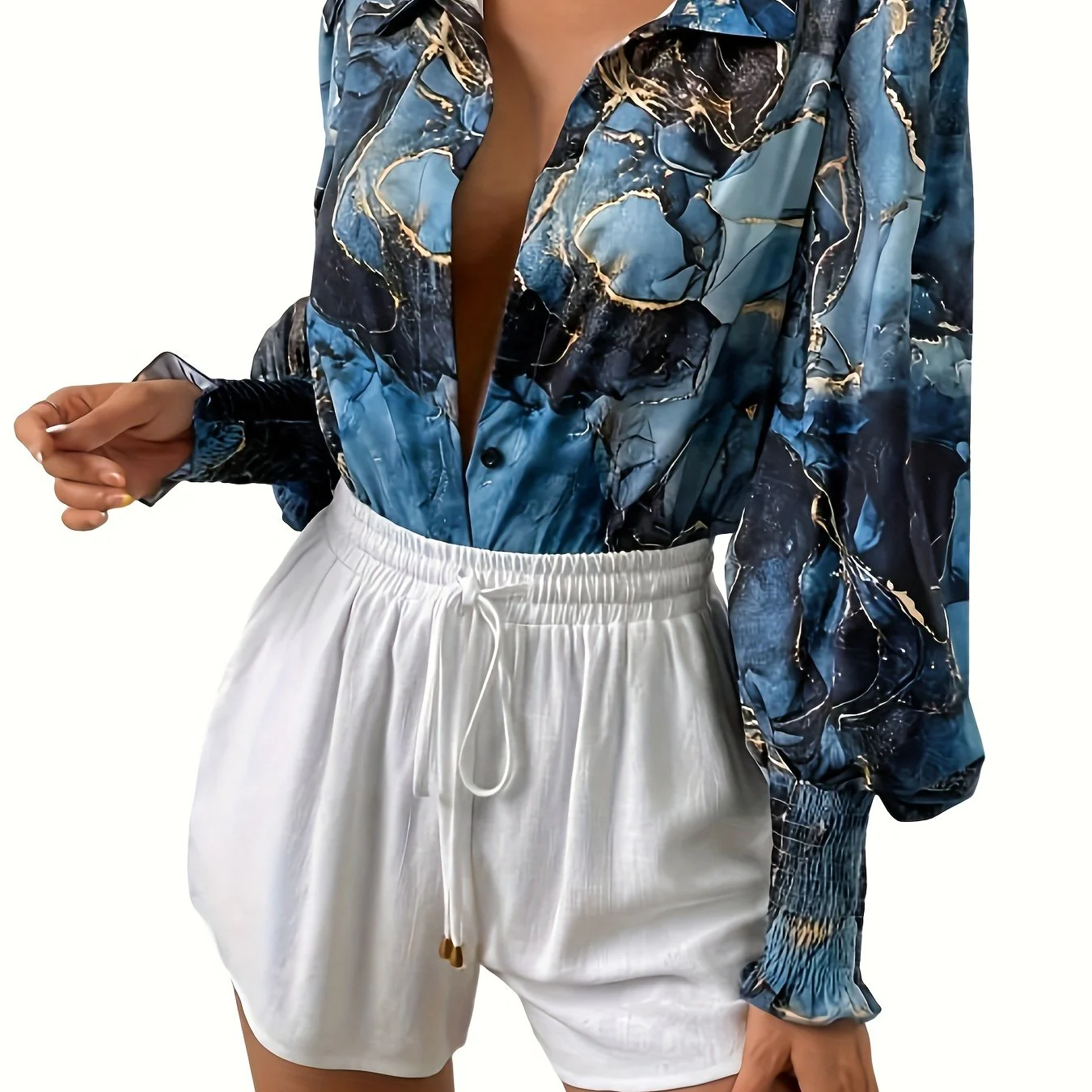 Plus Size elegant Blouse, Women's Plus Marble Print Lantern Sleeve Button Up Lapel Collar Shirt Top - Deanwangkt