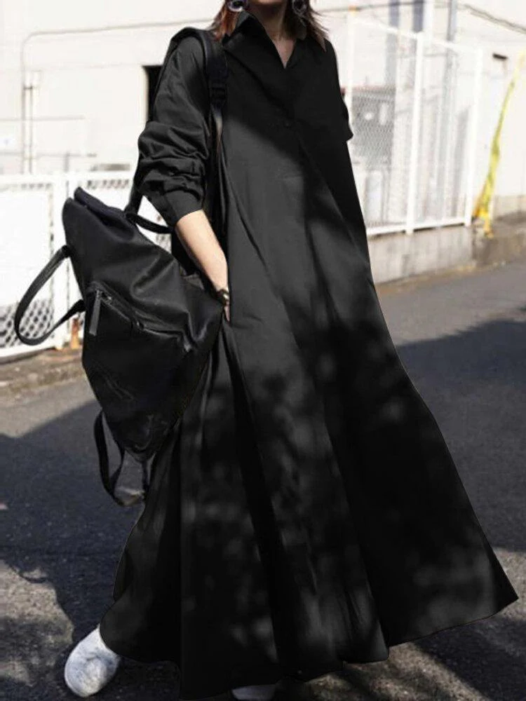 deanwangkt Women Solid Color Turn-down Collar Long Sleeve Button Casual Shirt Dresses With Pocket - Deanwangkt