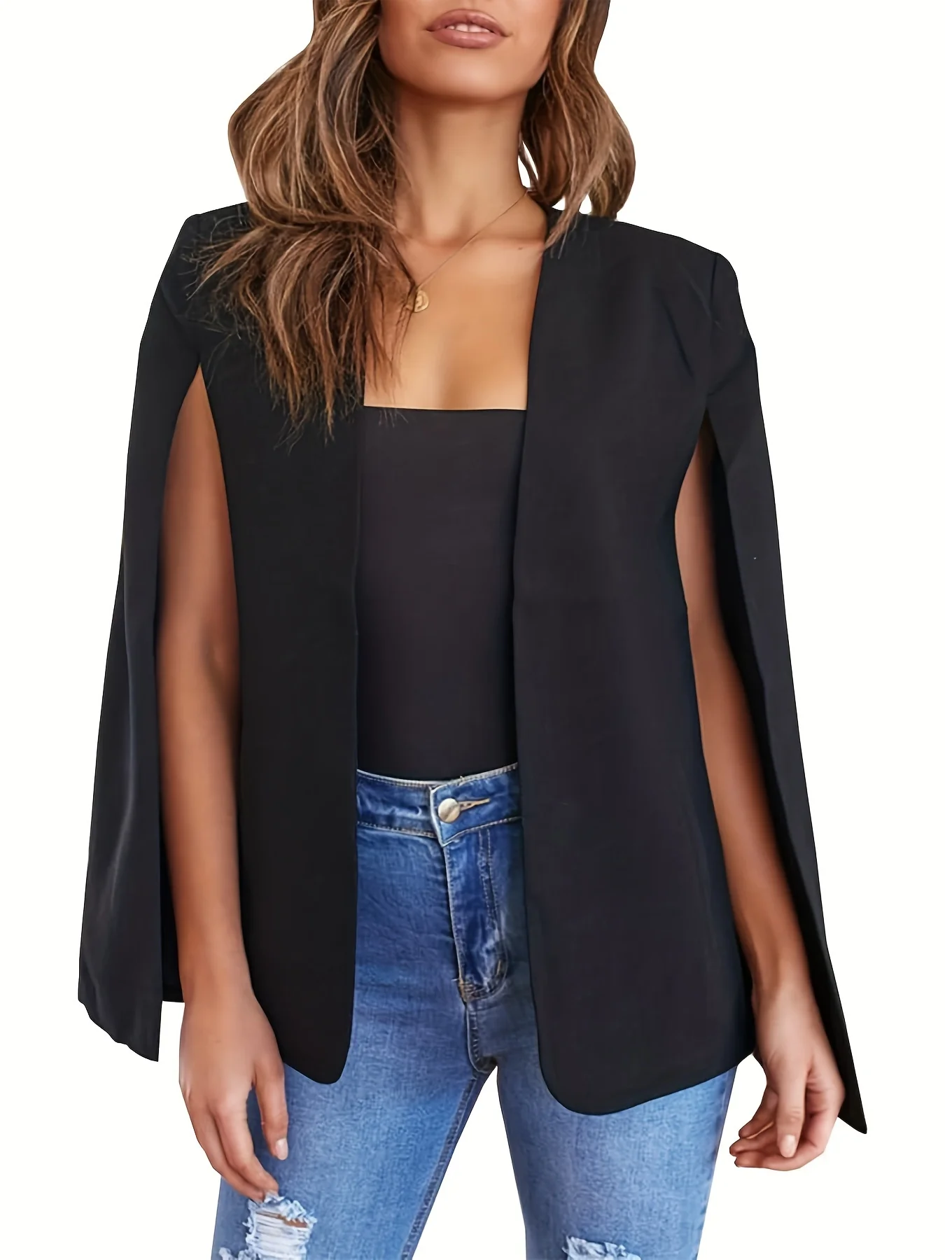 deanwangkt-1 Open Front Cape Sleeve Blazer, Elegant Solid Long Sleeve Blazer For Office & Work, Women's Clothing - Deanwangkt