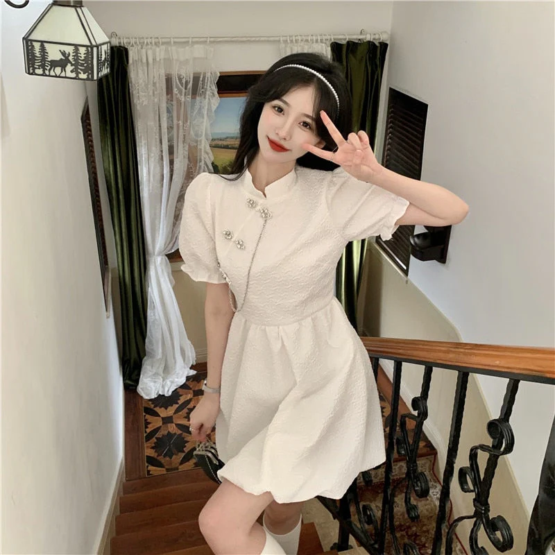 deanwangkt New Chinese Fashion Cheongsam Mini Doll Dress Stand Collar Puff Sleeve Little Ball Gown Dress Small Girl Black White Party Dress - Deanwangkt