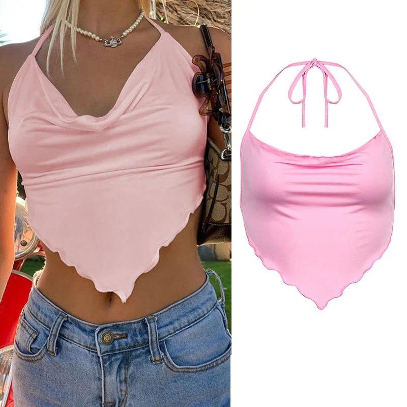 deanwangkt Y2K Bandana Print Halter Tops Women Summer Sleeveless Crop Tops Harajuku Aesthetics Corset Tops Sexy Backless Bandage Camisoles - Deanwangkt