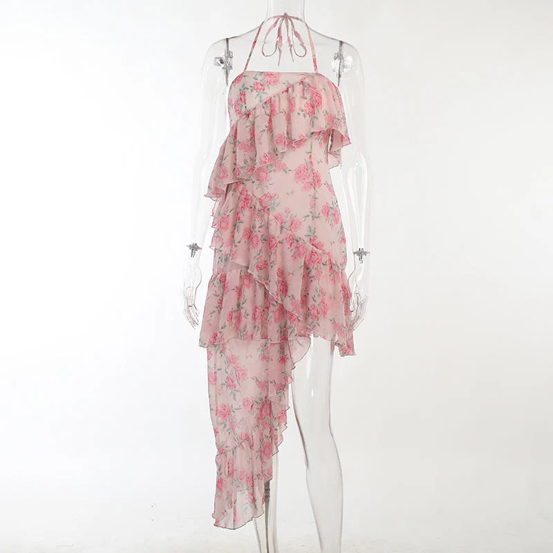 deanwangkt  Irregular Ruffled Breast Wrap Strap Dress Women's  Spring Summer Midi Flower Halterneck  Boho Dress Beach Dress Sundress  Fairy Dress - Deanwangkt