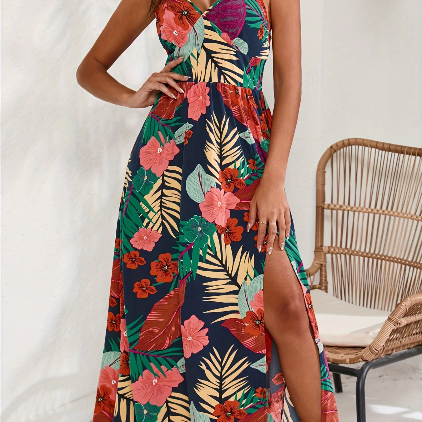 Tropical Print Cami Dress, Vacation Split Thigh Sleeveless Summer Maxi Dress, Women's Clothing - Deanwangkt