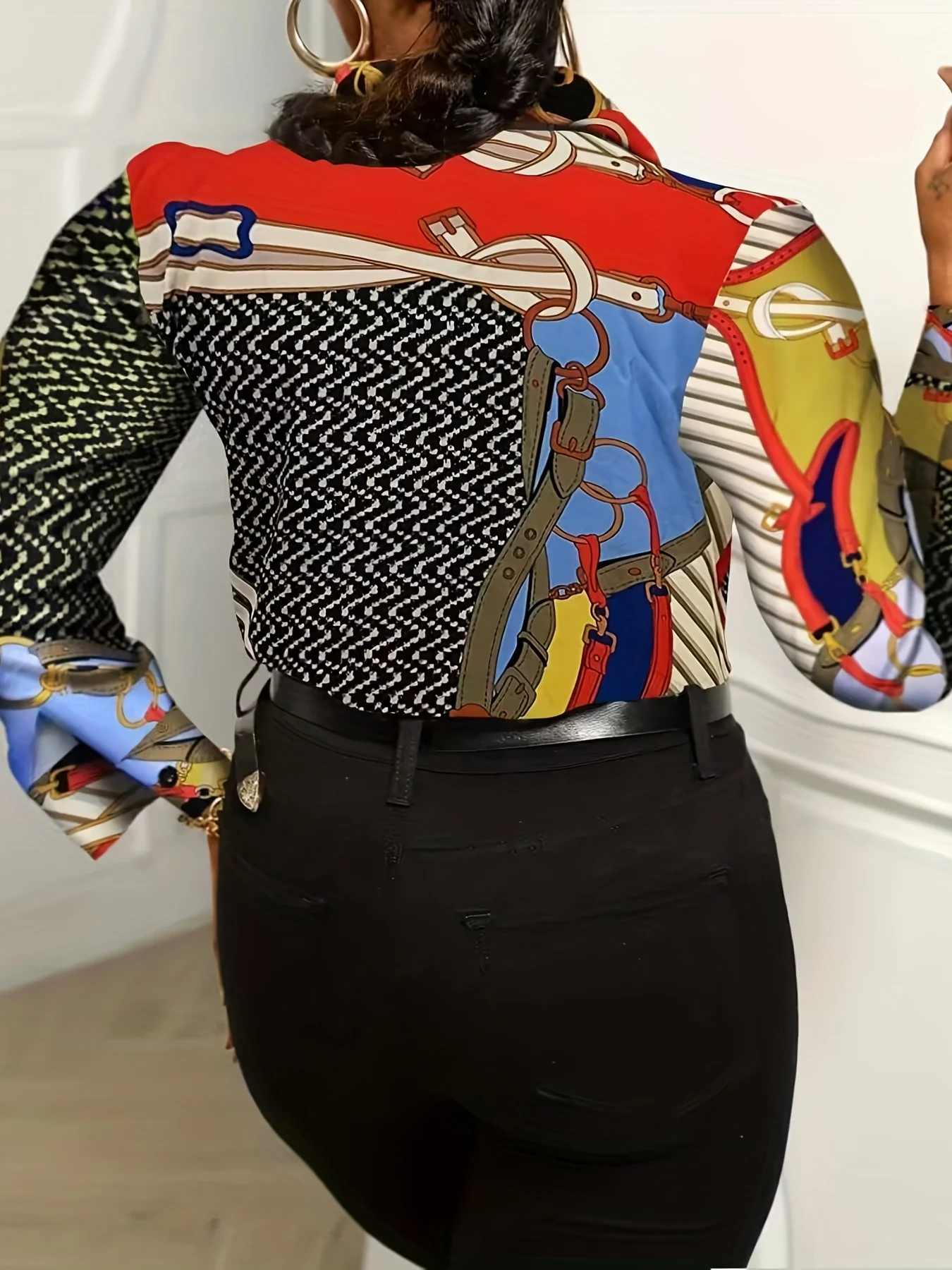 Plus Size Casual Blouse, Women's Plus Colorblock Chain Print Long Sleeve Button Up Shirt - Deanwangkt