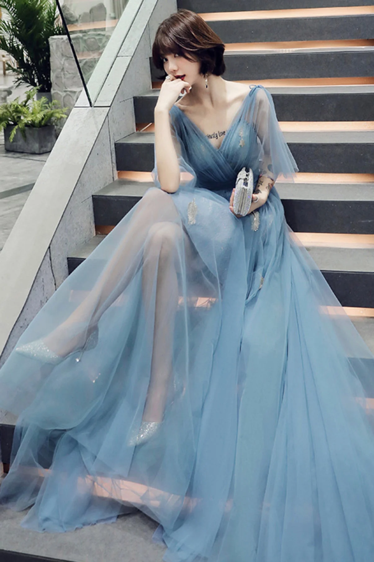 solvbao Blue V-Neck Tulle Long Prom Dreses, A-Line Evening Dresses - Deanwangkt