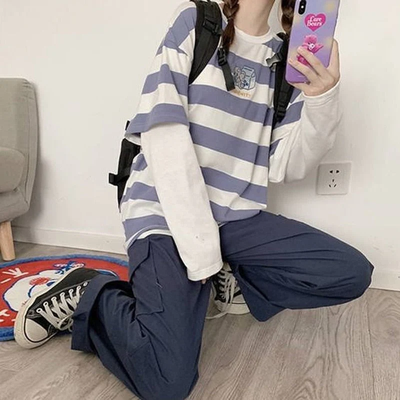 Wenkouban Classic Striped Long Sleeve T-Shirts Women Loose Preppy Chic Tees Fake Two Pieces Hipster Aesthetic Funny Embroidery O-Neck Tops - Deanwangkt