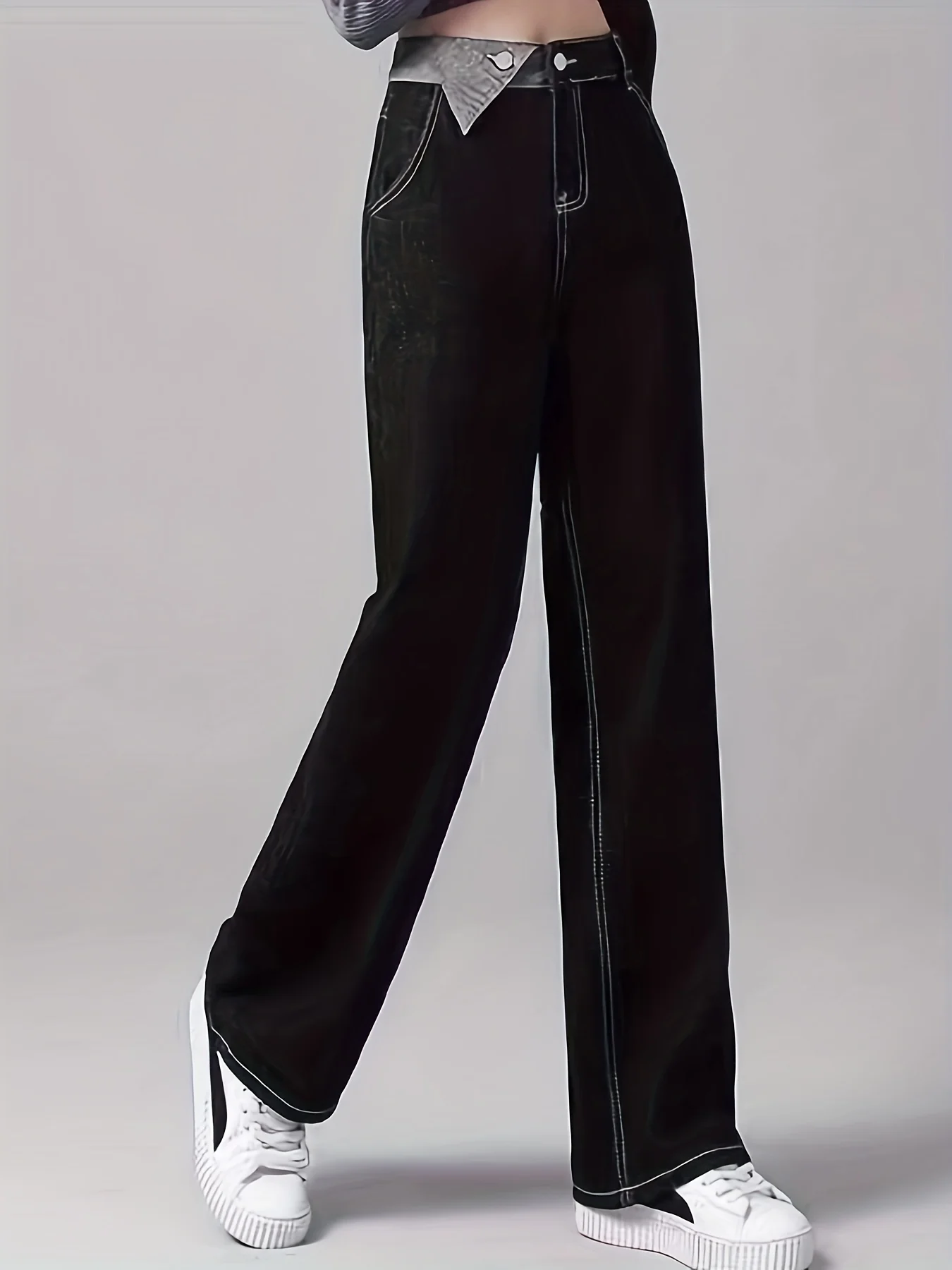 Black Loose Fit Straight Jeans, Non-Stretch High Waist Casual Denim Trousers, Women's Denim Jeans & Clothing - Deanwangkt