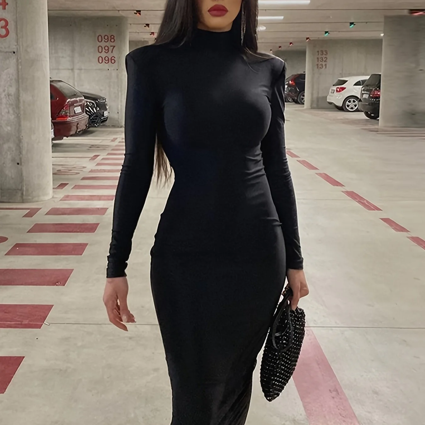 Long Sleeve Midi Dress, High Neck Slim Casual Every Day Dress, Women's Clothing - Deanwangkt