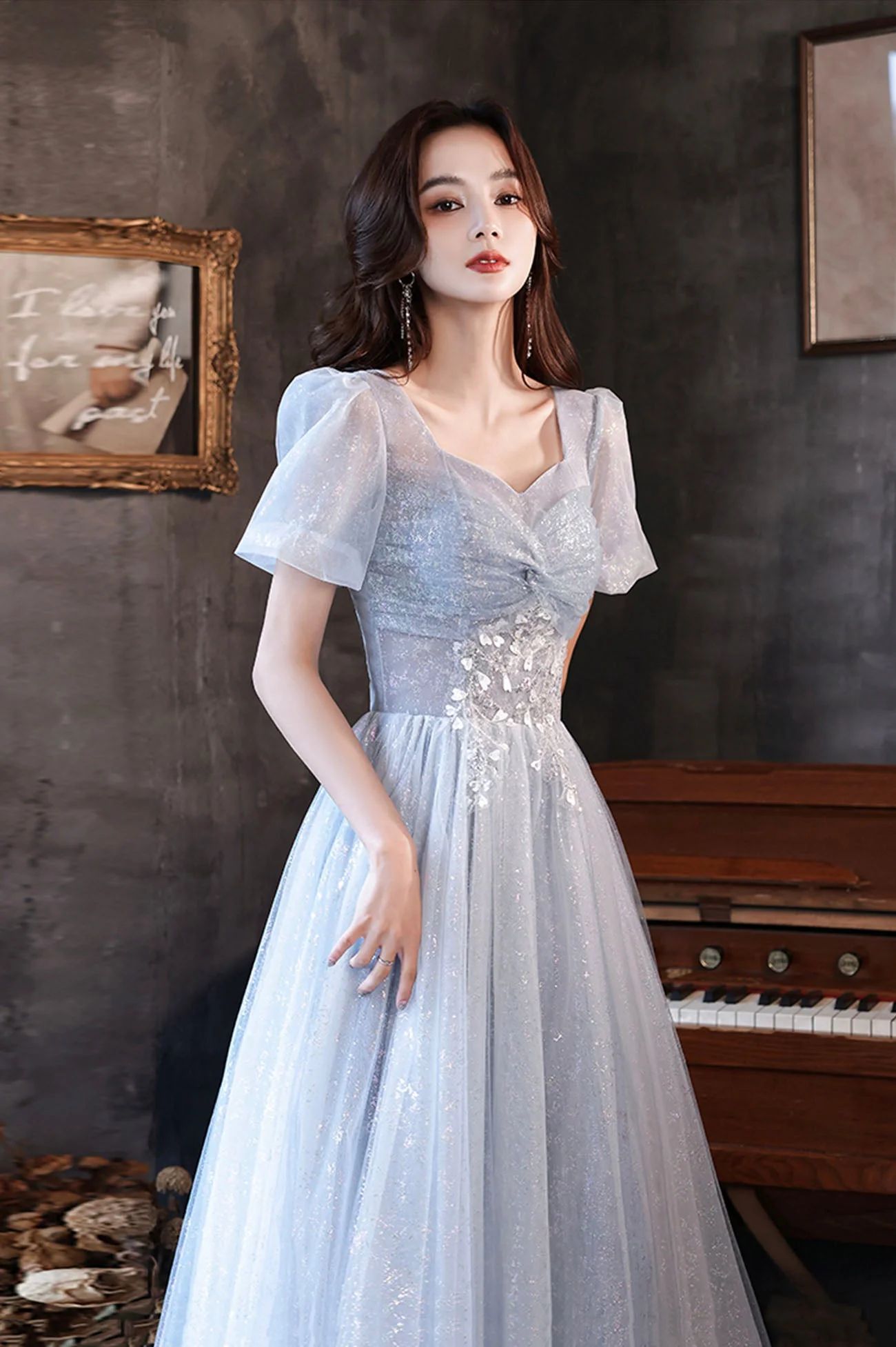 solvbao Blue Tulle Long  A-Line Formal Dresses, Shiny V-Neck Evening Dresses - Deanwangkt
