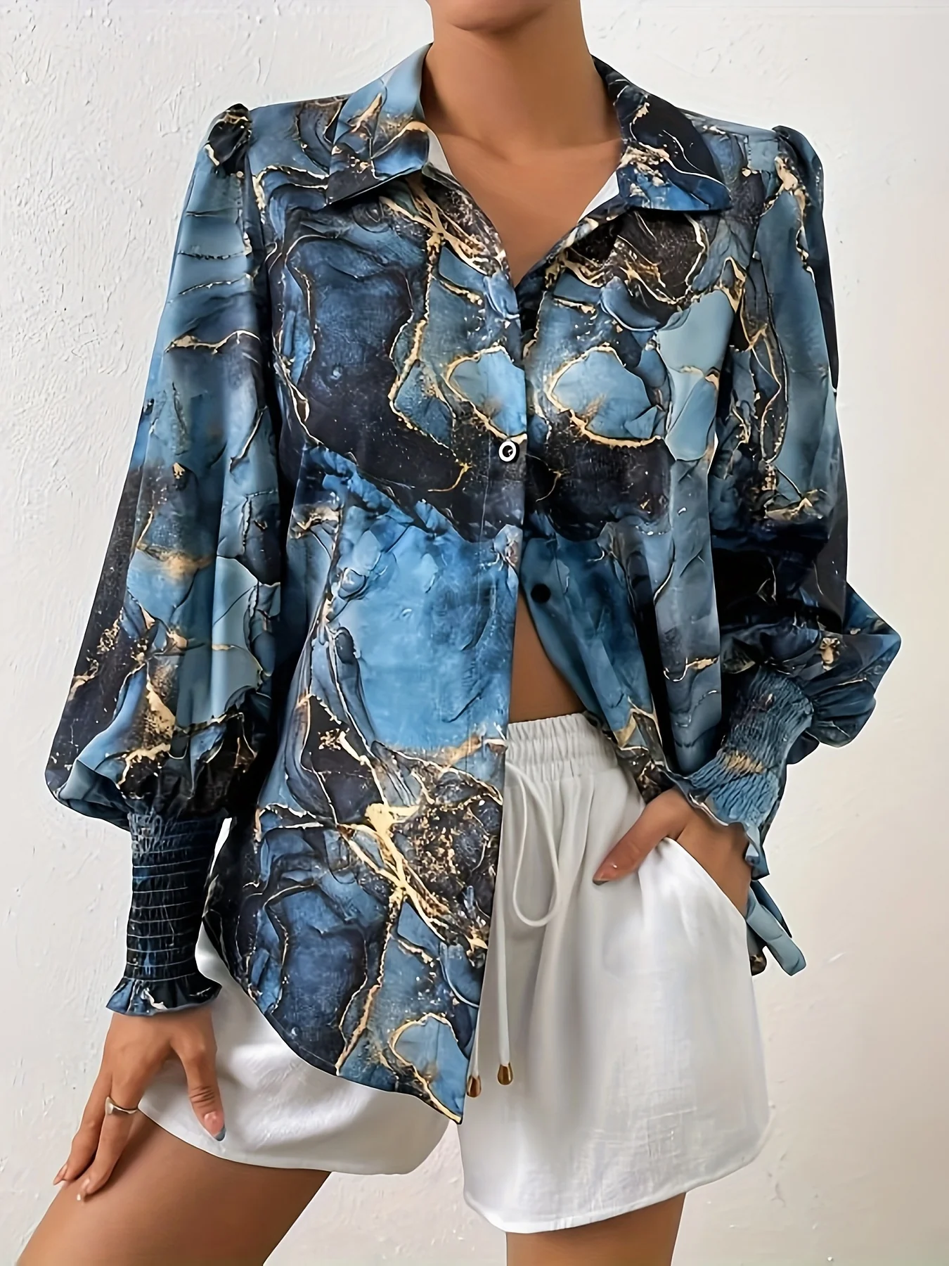 Plus Size elegant Blouse, Women's Plus Marble Print Lantern Sleeve Button Up Lapel Collar Shirt Top - Deanwangkt