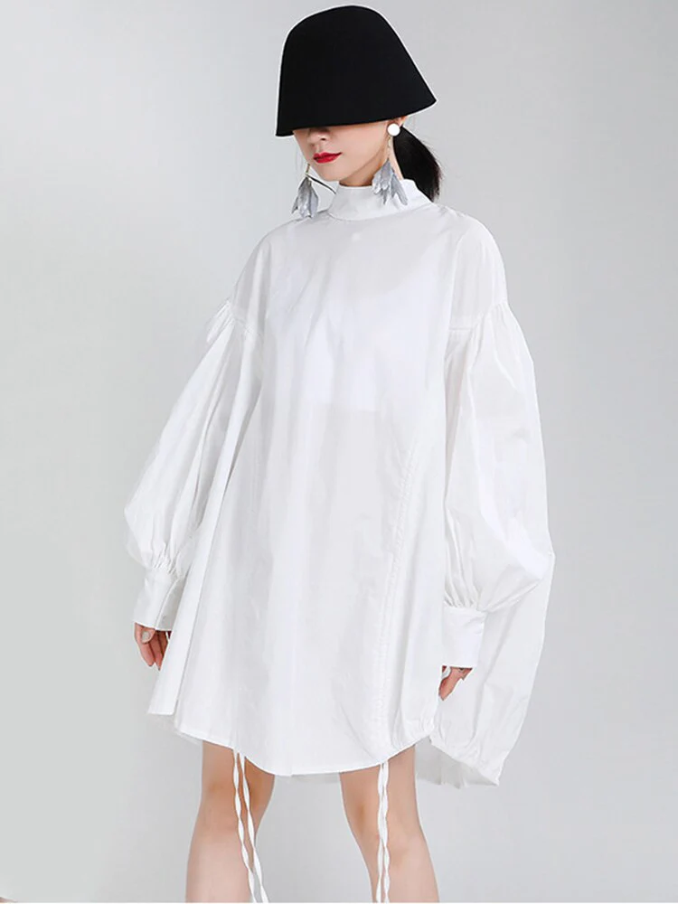 deanwangkt Women Drawstring Irregular Big Size Blouse New Stand Collar Long Sleeve Loose Shirt Fashion Spring Autumn  1DA988 - Deanwangkt